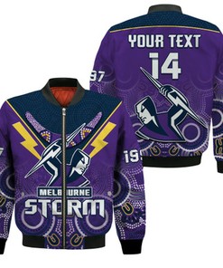 Custom Text and Number Melbourne Storm Rugby Bomber Jacket Indigenous Boomerang Gradient Style LT14