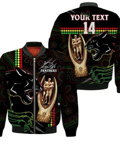 Custom Text and Number Panthers Rugby Bomber Jacket The Riff 2022 Premiers Aboriginal Art LT14