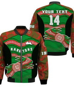 Custom Text and Number Rabbitohs Rugby Bomber Jacket Souths 1908 Aboriginal Dot Painting Go Bunnies LT14