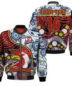 Custom Text and Number Roosters Rugby Bomber Jacket Easts 1908 Aboriginal Artsy Premiers LT14