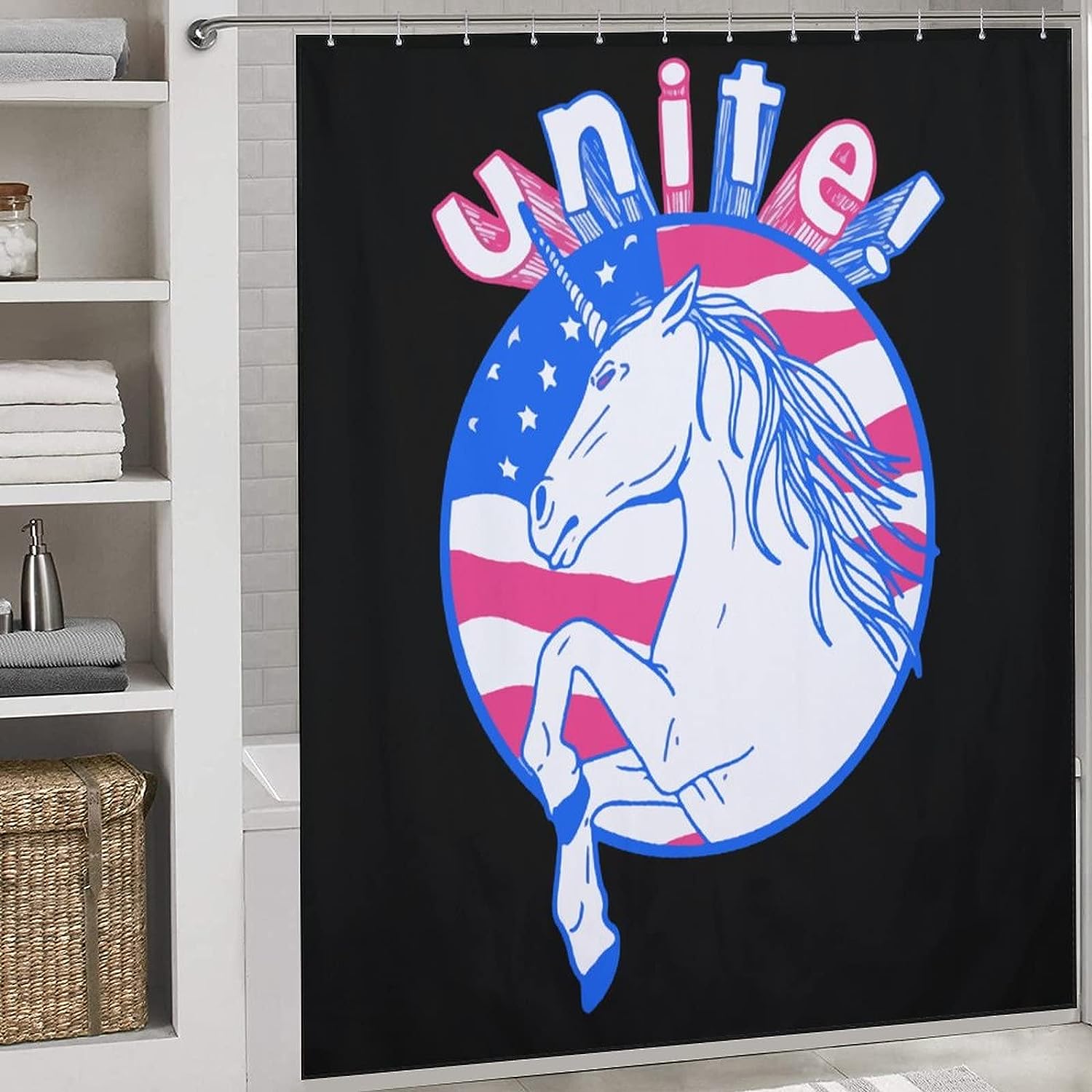 Cute American Flag Unicorn Shower Curtain Perfect for Kids Bathroom Decor