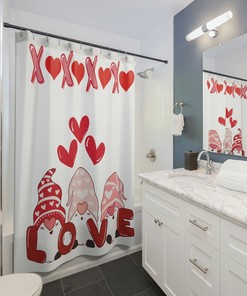 Cute Boho Valentine Shower Curtain with Gnome and Retro Love Theme - Kids Bathroom, Adorable Bathroom