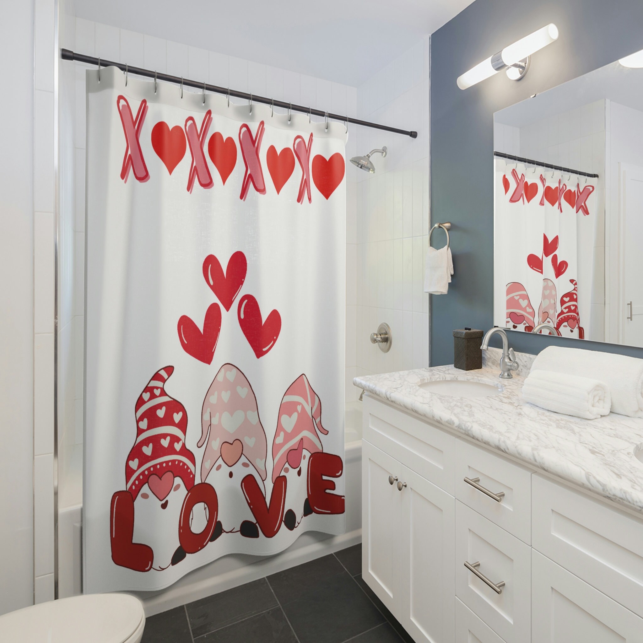 Cute Boho Valentine Shower Curtain with Gnome and Retro Love Theme - Kids Bathroom, Adorable Bathroom