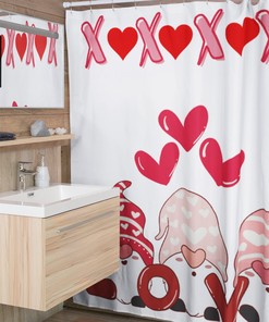 Cute Boho Valentine Shower Curtain with Gnome and Retro Love Theme - Kids Bathroom, Adorable Bathroom