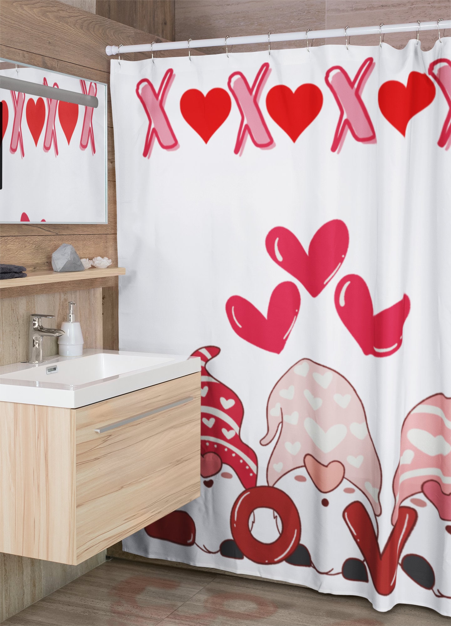 Cute Boho Valentine Shower Curtain with Gnome and Retro Love Theme - Kids Bathroom, Adorable Bathroom
