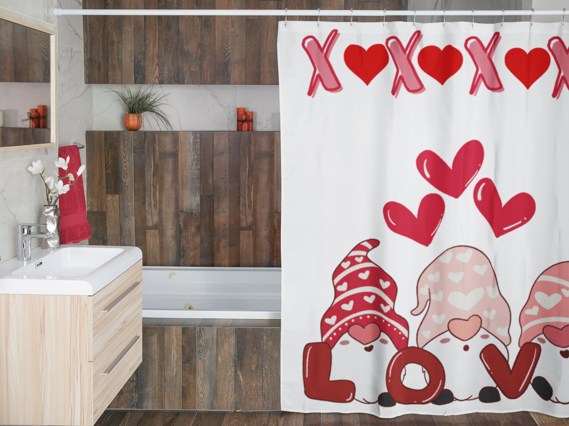 Cute Boho Valentine Shower Curtain with Gnome and Retro Love Theme - Kids Bathroom, Adorable Bathroom