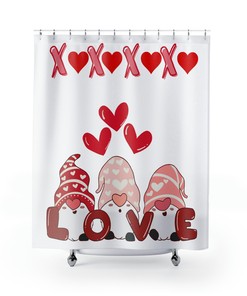 Cute Boho Valentine Shower Curtain with Gnome and Retro Love Theme - Kids Bathroom, Adorable Bathroom