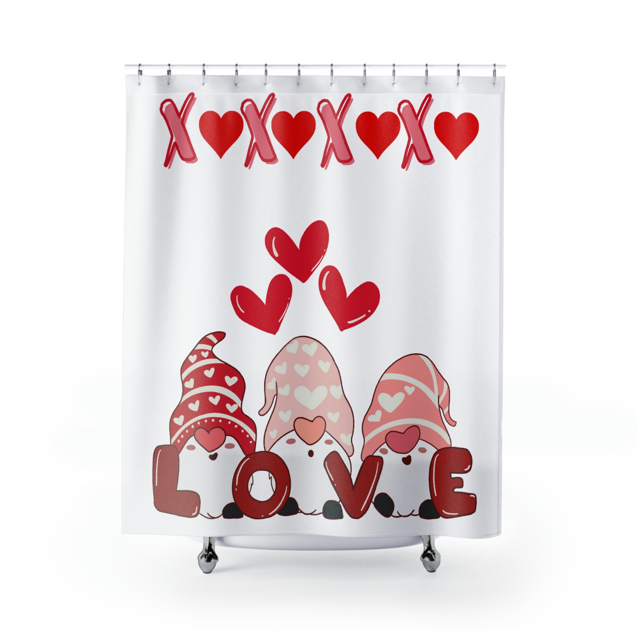 Cute Boho Valentine Shower Curtain with Gnome and Retro Love Theme - Kids Bathroom, Adorable Bathroom