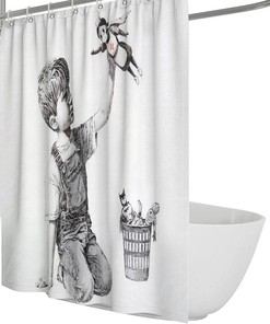 Cute Boy and Monkey Shower Curtain - Fun and Adorable Black and White Bathroom Decor with Quick Dry Fabric
