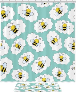 Cute Bumble Bee Shower Curtain, Blue Design, Bathroom Decor