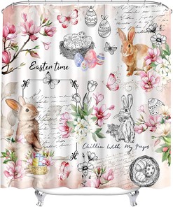 Cute Bunny and Butterfly Shower Curtain Easter Bathroom Decor