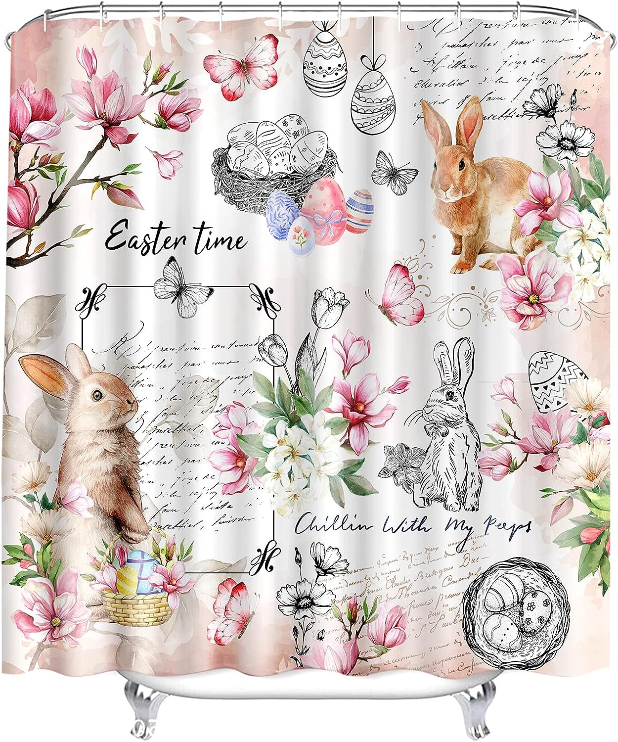 Cute Bunny and Butterfly Shower Curtain Easter Bathroom Decor