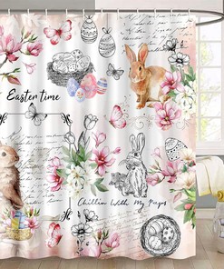 Cute Bunny and Butterfly Shower Curtain Easter Bathroom Decor