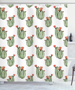 Cute Cactus Shower Curtain, Cartoon Drawing of Hedgehog Animals and Prickly Pear Print for Bathroom Decor, Dark Grey Green