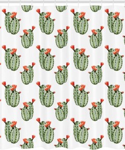 Cute Cactus Shower Curtain, Cartoon Drawing of Hedgehog Animals and Prickly Pear Print for Bathroom Decor, Dark Grey Green