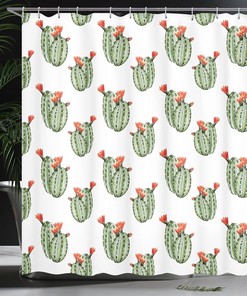 Cute Cactus Shower Curtain, Cartoon Drawing of Hedgehog Animals and Prickly Pear Print for Bathroom Decor, Dark Grey Green