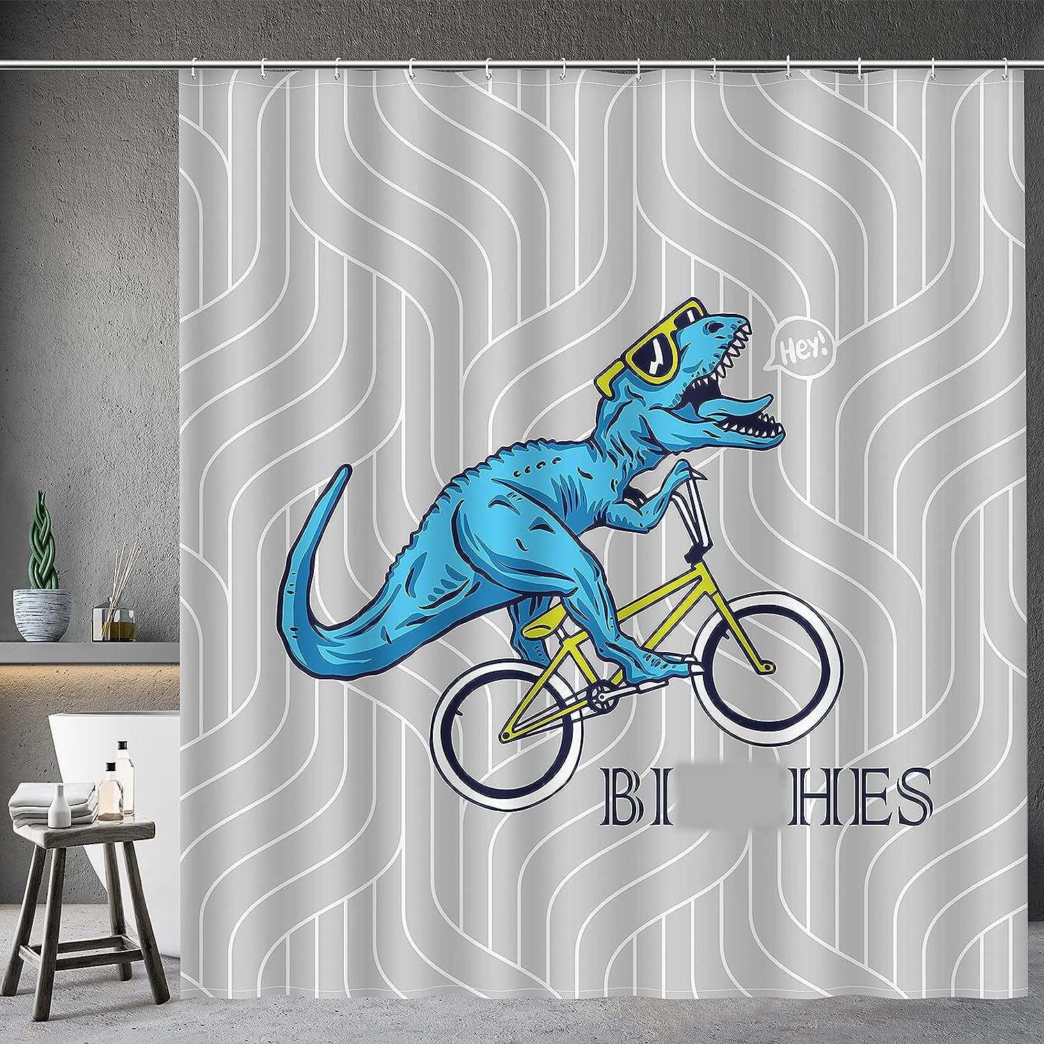 Cute Dinosaur Ride A Bike Pattern Shower Curtain - Whimsical Bathroom Decor for Kids