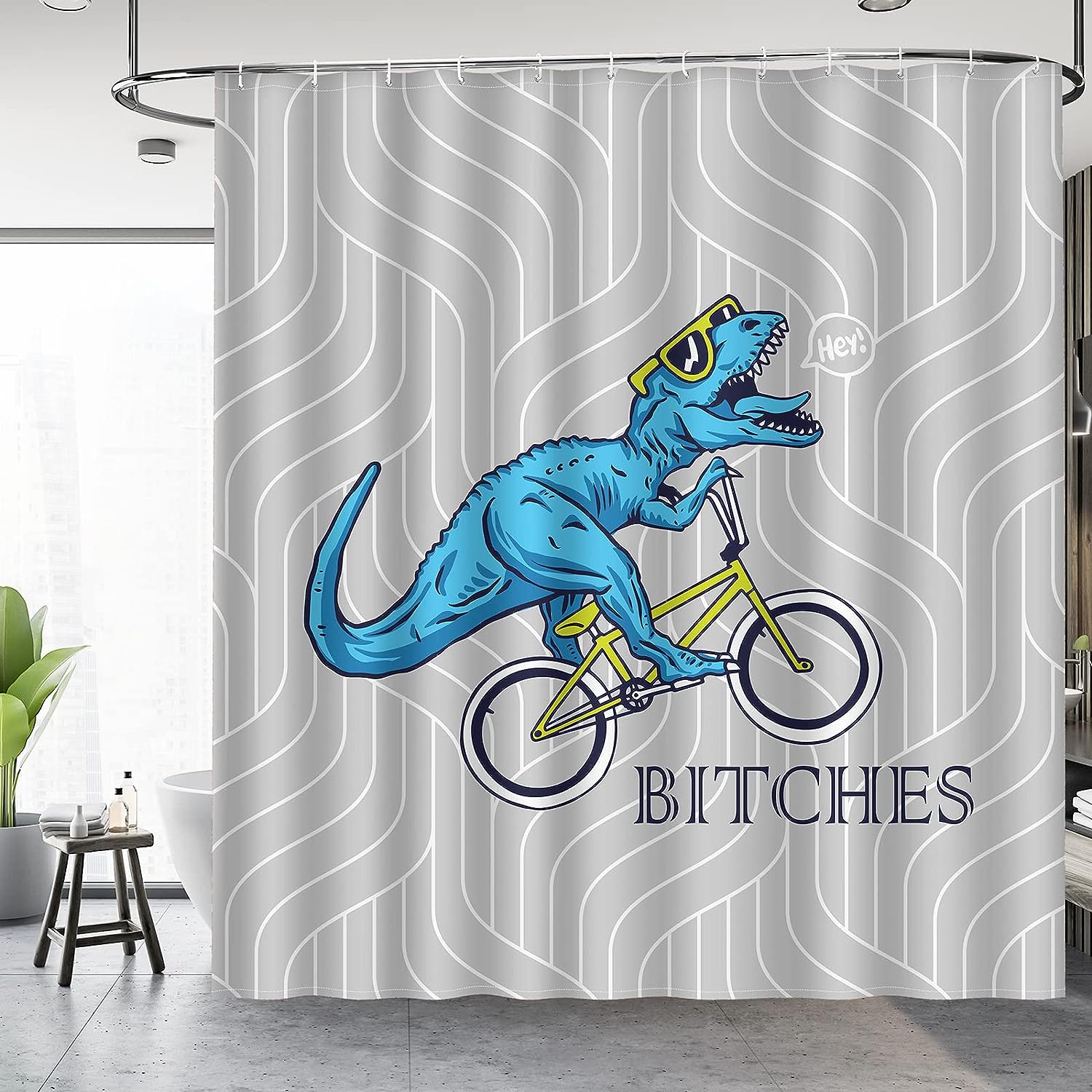 Cute Dinosaur Ride A Bike Pattern Shower Curtain - Whimsical Bathroom Decor for Kids