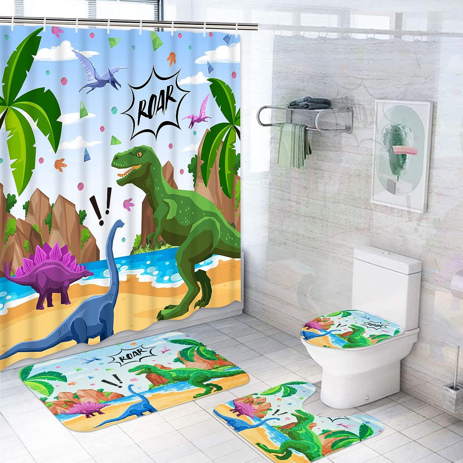 Cute Dinosaur Shower Curtain for Kids Bathroom Decor Bluefink