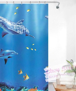 Cute Dolphin Fish in Blue Ocean Pattern Bathroom Shower Curtain - Waterproof Fabric 