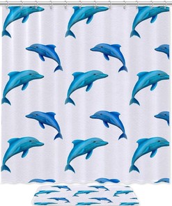 Cute Dolphin Shower Curtain, Blue Design, Waterproof Fabric