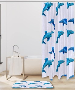 Cute Dolphin Shower Curtain, Blue Design, Waterproof Fabric