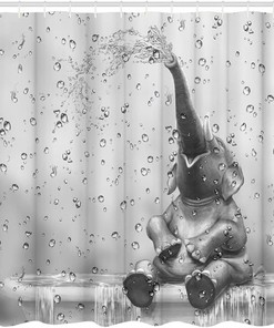 Cute Elephant Shower Curtain with Wild Animal and Raindrop Background