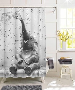 Cute Elephant Shower Curtain with Wild Animal and Raindrop Background
