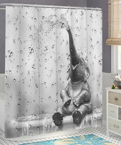 Cute Elephant Shower Curtain with Wild Animal and Raindrop Background 