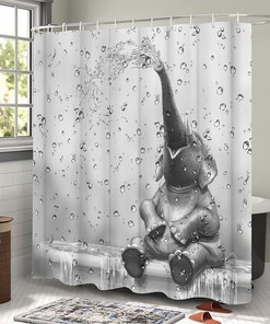 Cute Elephant Shower Curtain with Wild Animal and Raindrop Background 