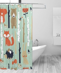 Cute Fox Bear Bird Bunny Tree Shower Curtain - Home Decor Bathroom Curtain