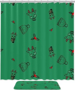 Cute Green Christmas Deer Shower Curtain in Waterproof Fabric