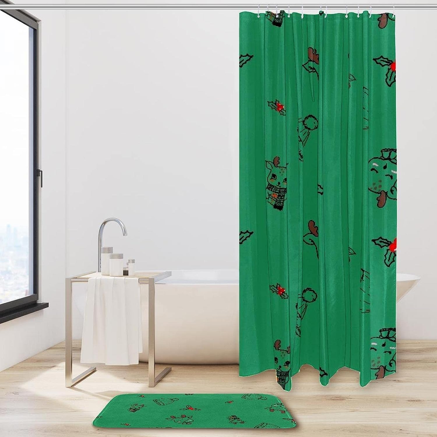 Cute Green Christmas Deer Shower Curtain in Waterproof Fabric