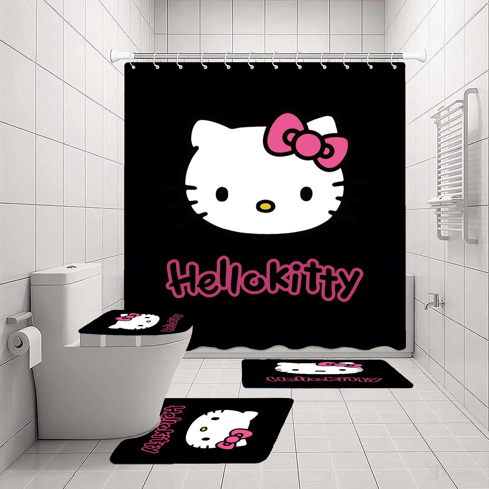 Cute Hello Kitty Waterproof Black Shower Curtain and Mat for Kids' Bathroom Decor
