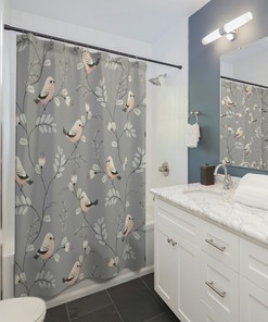 Cute Kids Bathroom Shower Curtain Set with Bird Print and Matching Gray Curtains