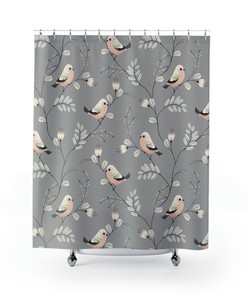 Cute Kids Bathroom Shower Curtain Set with Bird Print and Matching Gray Curtains