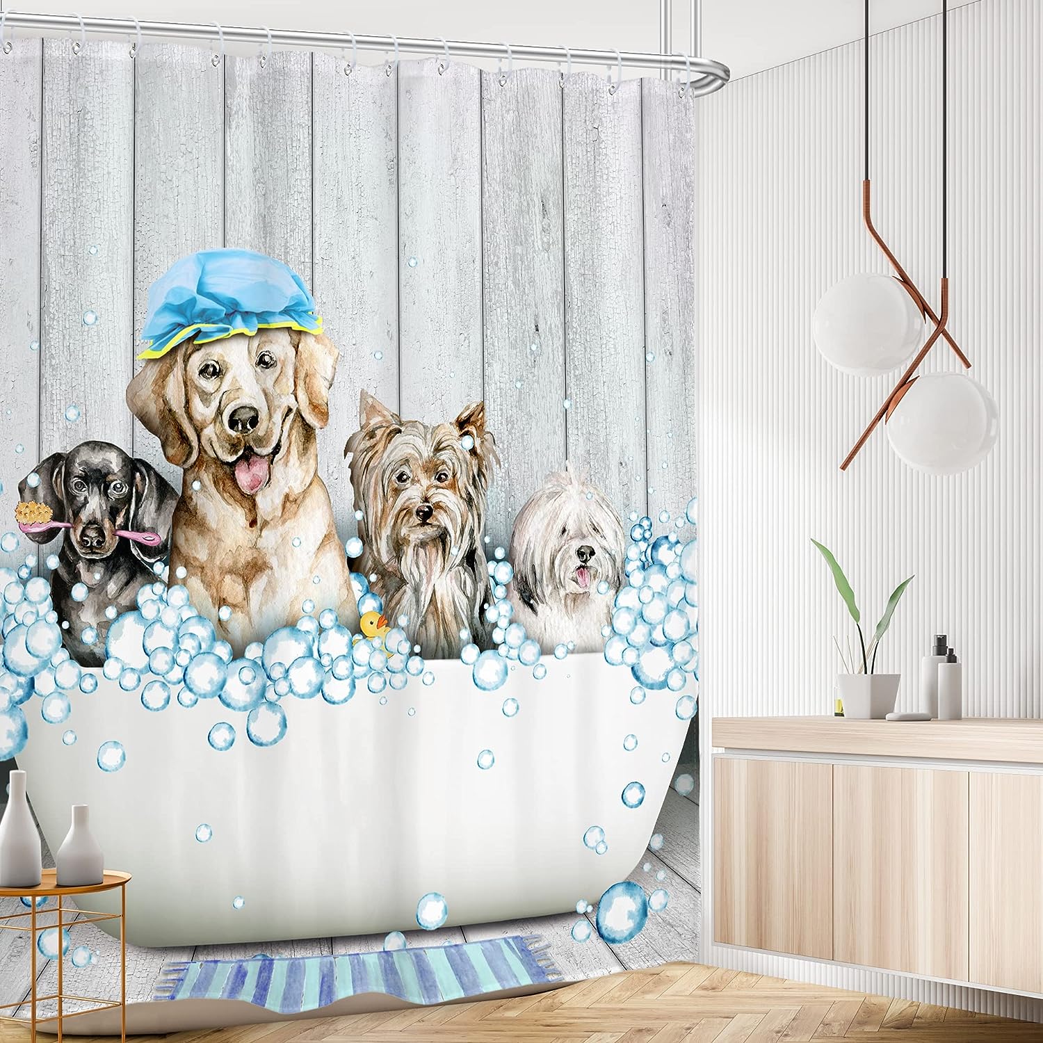 Cute Naked Dog in a Bathtub Shower Curtain for a Rustic Farmhouse Bathroom Decor