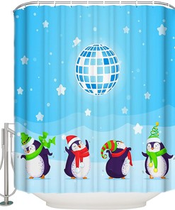 Cute Penguin Snowing Blue Waterproof Fabric Christmas Shower Curtain for Home Hotel Bath Decor