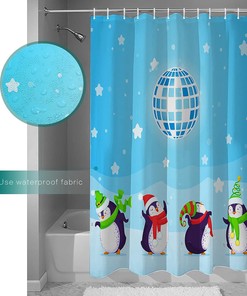 Cute Penguin Snowing Blue Waterproof Fabric Christmas Shower Curtain for Home Hotel Bath Decor