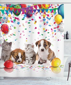 Cute Pet Dogs and Cats Print Birthday Party Shower Curtain for Bathroom