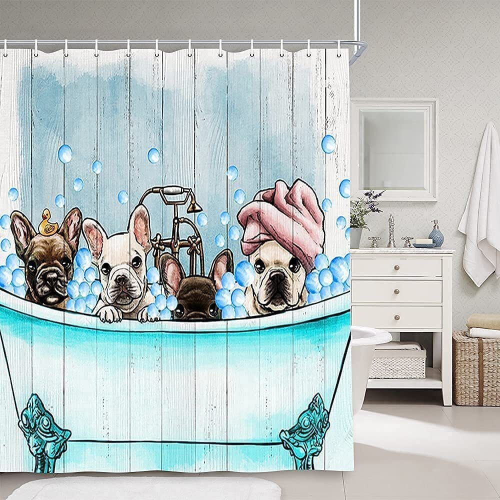 Cute Puppy Shower Curtain, Blue Dog Design, Animal Pet Bath Decor