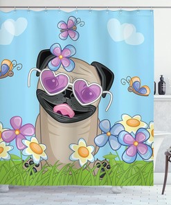 Cute Puppy on Field Pug Shower Curtain with Flower Print Bathroom Decor