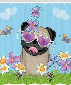 Cute Puppy on Field Pug Shower Curtain with Flower Print Bathroom Decor