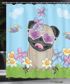 Cute Puppy on Field Pug Shower Curtain with Flower Print Bathroom Decor