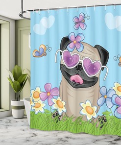 Cute Puppy on Field Pug Shower Curtain with Flower Print Bathroom Decor