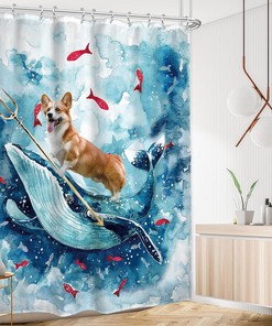 Cute Riding Whale Kids Shower Curtain with Colorful Watercolor for a Nautical Bathroom Decor