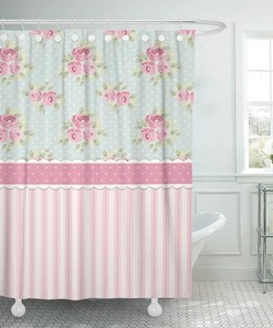 Cute Shabby Chic Roses and Polka Dots Pink Home Bathroom Decor Fabric Waterproof Shower Curtain
