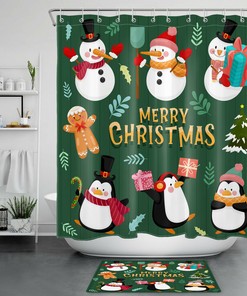 Cute Snowman Penguin Shower Curtain for a Whimsical Christmas Bathroom Decor