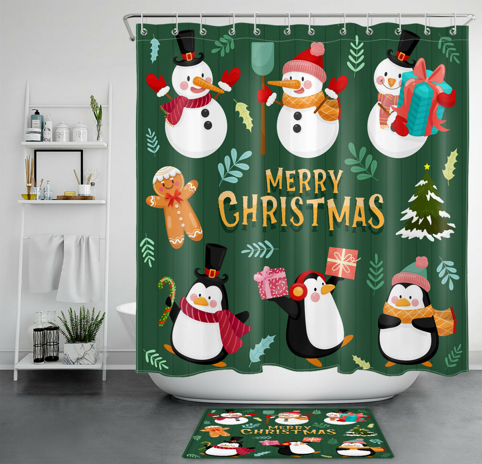 Cute Snowman Penguin Shower Curtain for a Whimsical Christmas Bathroom Decor