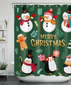 Cute Snowman Penguin Shower Curtain for a Whimsical Christmas Bathroom Decor